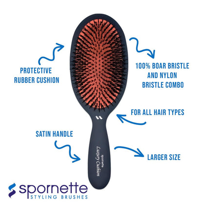 Spornette Boar Bristle Hair Brush - Large Luxury Cushion Oval Vented Brush for Styling & Smoothing - Nylon & Boar Bristles Reduce Breakage for All Hair Types Avelisse
