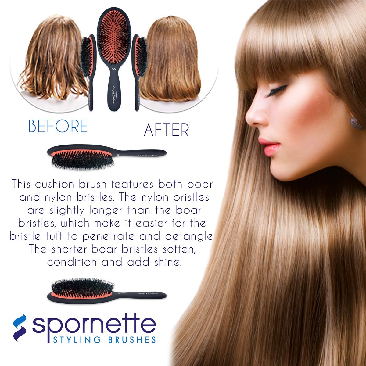 Spornette Boar Bristle Hair Brush - Large Luxury Cushion Oval Vented Brush for Styling & Smoothing - Nylon & Boar Bristles Reduce Breakage for All Hair Types Avelisse