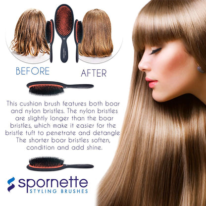 Spornette Boar Bristle Hair Brush - Large Luxury Cushion Oval Vented Brush for Styling & Smoothing - Nylon & Boar Bristles Reduce Breakage for All Hair Types Avelisse