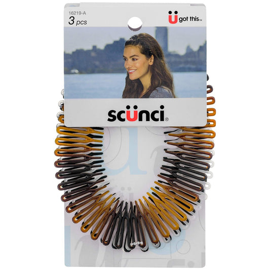 Scunci Effortless Beauty Stretch Hair Combs - 3 Pack (Tortoise, Opaque White, Black) for Fine, Thick, and All Hair Types
