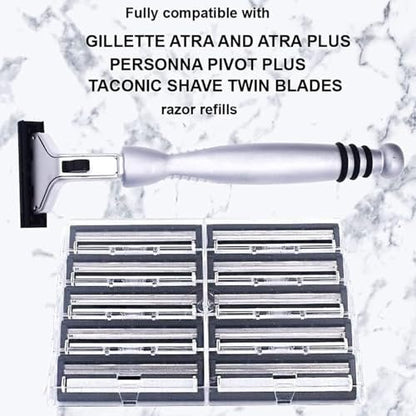 Taconic All-Metal Heavyweight Chrome Razor – Gillette Atra-Compatible Twin Blade Handle with 10 Pivot Plus Personna Blades, Ergonomic Grip, Durable Design Avelisse