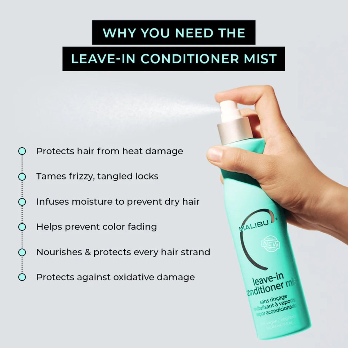 Malibu C Leave In Conditioner & Moisturizing Heat Protectant for Hair - Daily & Post Swim Detangler Spray for Adults & Kids, UV Protection to Help Prevent Color Fading, 9 oz - görsel 5