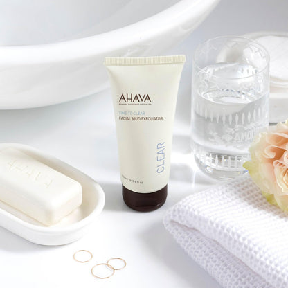 AHAVA Time To Clear Facial Mud Exfoliator – Gentle Dead Sea Mud Scrub for Radiant Skin, 3.4 Fl Oz