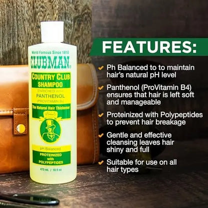 Clubman Country Club Shampoo - Natural Hair Thickener with Panthenol, pH Balanced, Proteinized with Polypeptides, 16 fl oz Avelisse