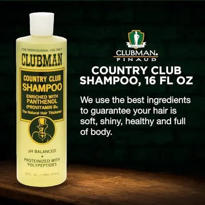 Clubman Country Club Shampoo - Natural Hair Thickener with Panthenol, pH Balanced, Proteinized with Polypeptides, 16 fl oz Avelisse