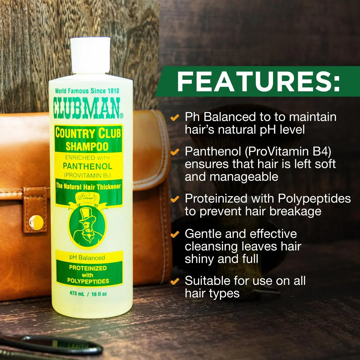 Clubman Country Club Shampoo - Natural Hair Thickener with Panthenol, pH Balanced, Proteinized with Polypeptides, 16 fl oz Avelisse