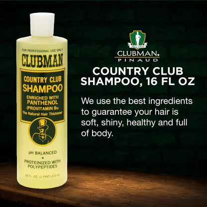 Clubman Country Club Shampoo - Natural Hair Thickener with Panthenol, pH Balanced, Proteinized with Polypeptides, 16 fl oz Avelisse