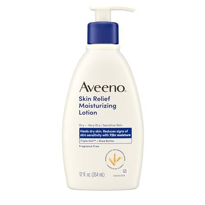 Aveeno Skin Relief Moisturizing Lotion for Very Dry, Sensitive Skin – Fragrance Free, Fast-Absorbing with Triple Oat & Shea Butter, 12 fl. oz