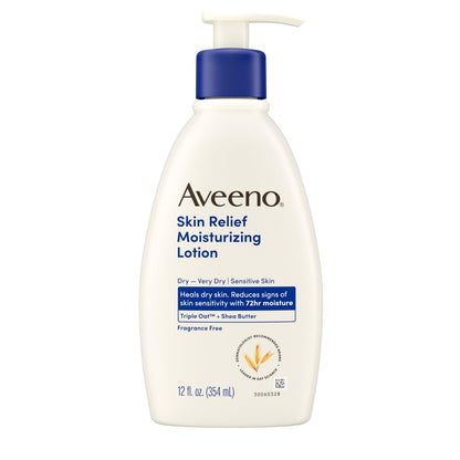 Aveeno Skin Relief Moisturizing Lotion for Very Dry, Sensitive Skin – Fragrance Free, Fast-Absorbing with Triple Oat & Shea Butter, 12 fl. oz