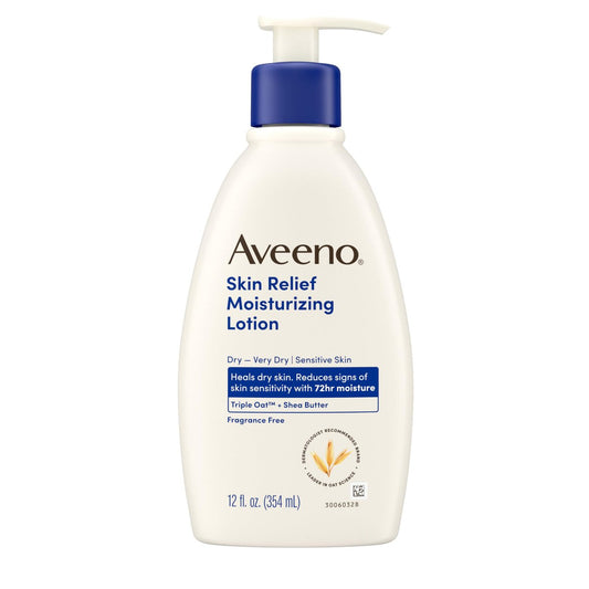 Aveeno Skin Relief Moisturizing Lotion for Very Dry, Sensitive Skin – Fragrance Free, Fast-Absorbing with Triple Oat & Shea Butter, 12 fl. oz