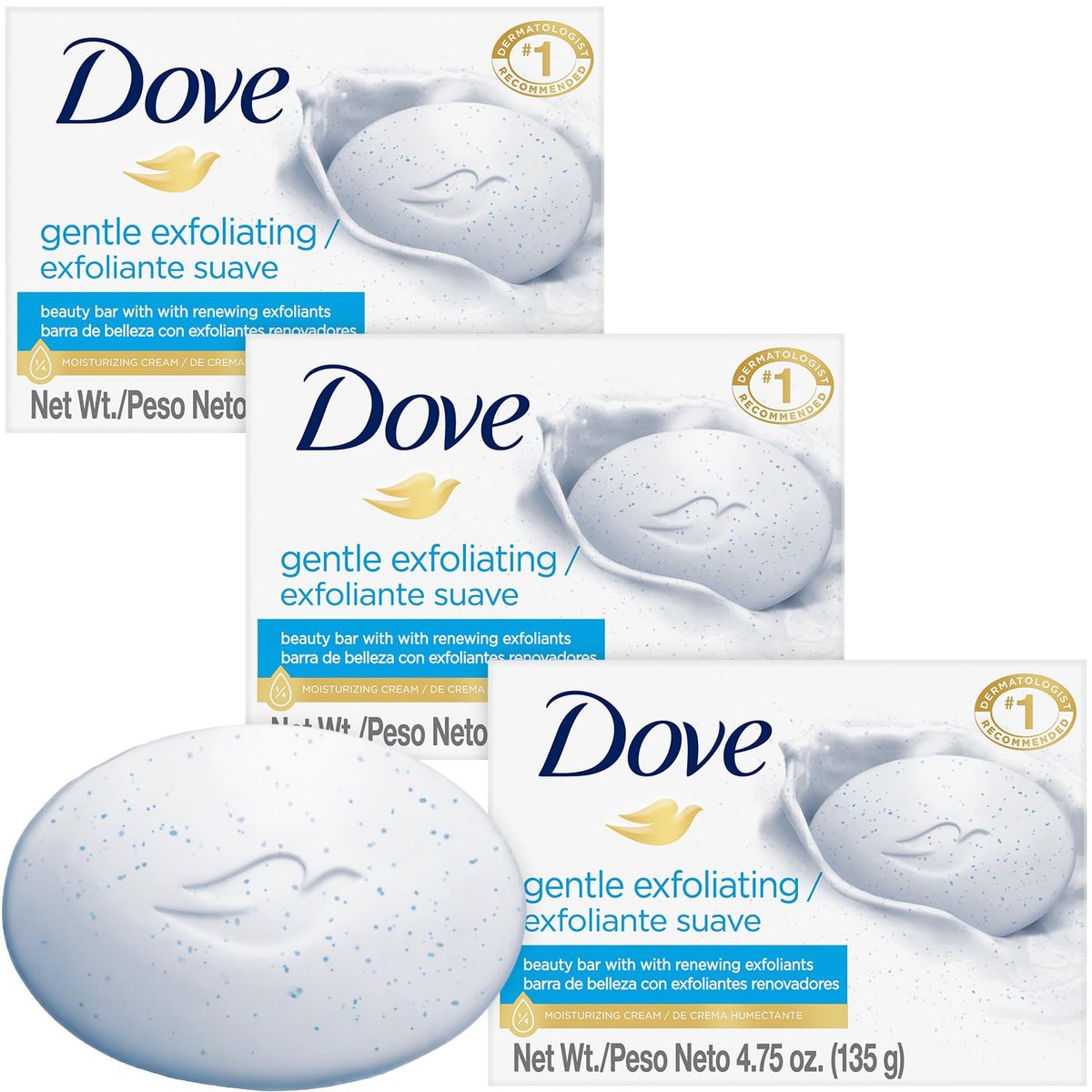 Dove Gentle Exfoliating Beauty Bar 3-Pack – 3-in-1 Moisturizing Face, Body & Hand Soap, 4.75 oz Each - görsel 1
