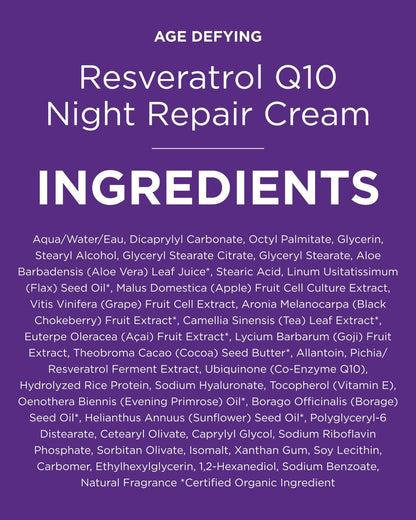 Andalou Naturals Resveratrol Q10 Night Repair Cream for Dry Skin, Fine Lines & Wrinkles - 1.7 oz