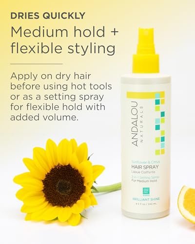 Andalou Naturals Sunflower & Citrus Brilliant Shine Hair Spray - Medium Hold, Frizz Control, Natural & Cruelty Free, 8.2 fl oz