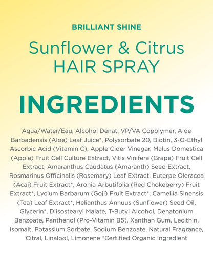 Andalou Naturals Sunflower & Citrus Brilliant Shine Hair Spray - Medium Hold, Frizz Control, Natural & Cruelty Free, 8.2 fl oz