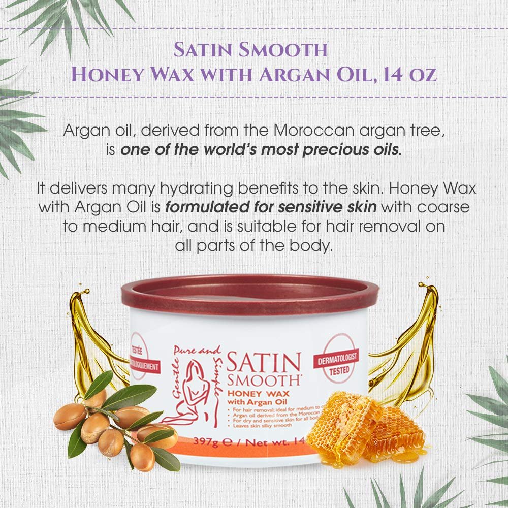 Satin Smooth Honey Hair Removal Wax with Argan Oil - 14 oz for Medium to Coarse Hair, Sensitive Skin Avelisse