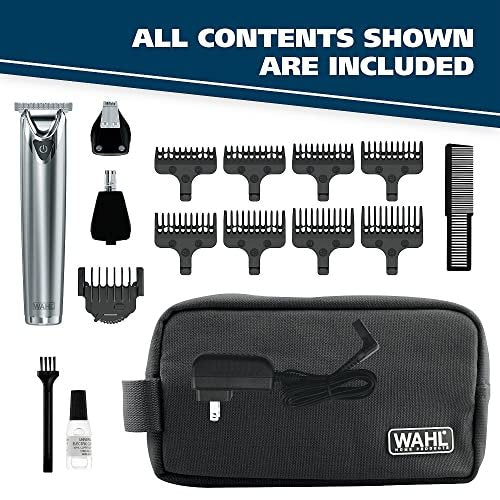 Wahl USA Stainless Steel Lithium-Ion Cordless Beard Trimmer for Men - Rechargeable All-in-One Trimmer with Rotary Ear & Nose Trimmer & Detail Trimmer - Model 9818A, 13 Piece Set Avelisse