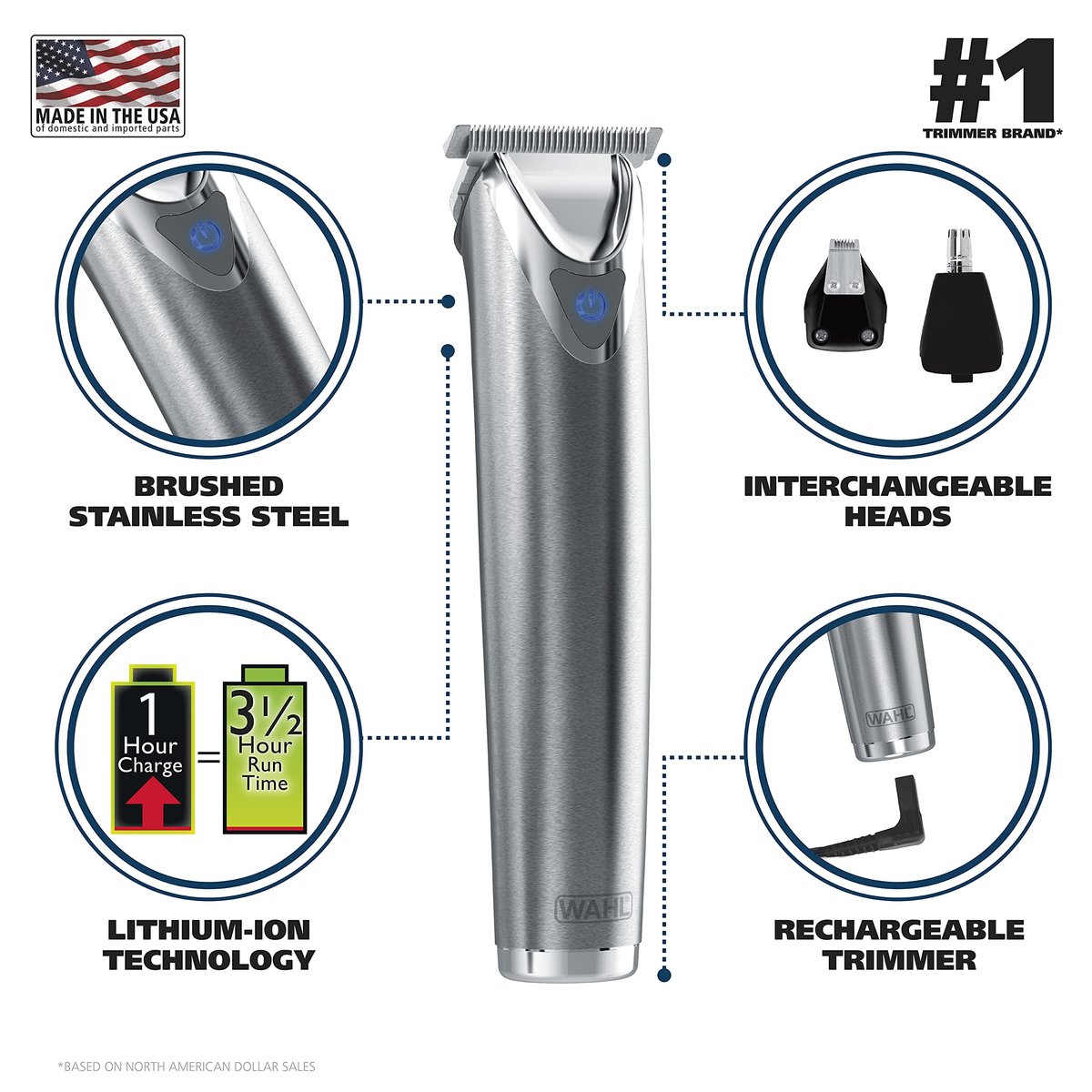 Wahl USA Stainless Steel Lithium-Ion Cordless Beard Trimmer for Men - Rechargeable All-in-One Trimmer with Rotary Ear & Nose Trimmer & Detail Trimmer - Model 9818A, 13 Piece Set Avelisse