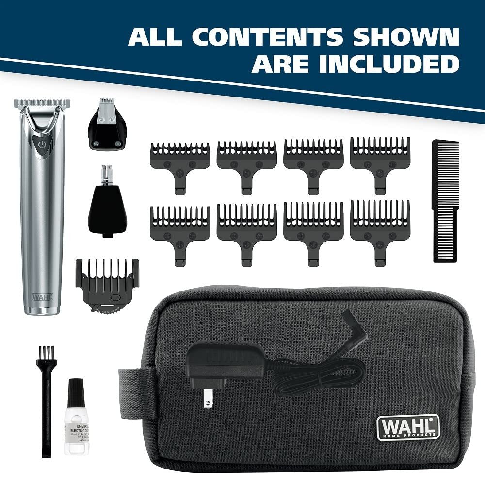 Wahl USA Stainless Steel Lithium-Ion Cordless Beard Trimmer for Men - Rechargeable All-in-One Trimmer with Rotary Ear & Nose Trimmer & Detail Trimmer - Model 9818A, 13 Piece Set Avelisse