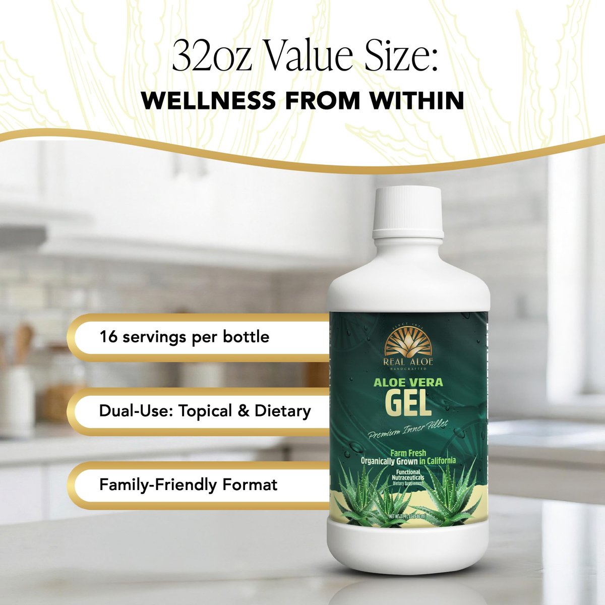 Real Aloe Aloe Vera Gel (32 fl oz) - Organic Inner Leaf Gel for Gut Health & Digestion, Aloin-Free, Made in USA Avelisse