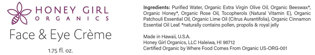 Honey Girl Organics Face & Eye Crème - USDA Certified Organic Facial Moisturizer & Under Eye Cream for Wrinkles, Dark Circles & Puffiness with Hydrating Honey, Beeswax, Essential Oils & EVOO, 1.75 oz Avelisse