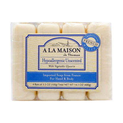 A LA MAISON Hypoallergenic Unscented Bar Soap - Triple French Milled Natural Moisturizing Hand Soap Bar (4 Bars, 3.5 oz Each) Avelisse