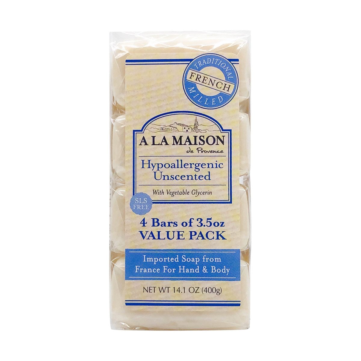 A LA MAISON Hypoallergenic Unscented Bar Soap - Triple French Milled Natural Moisturizing Hand Soap Bar (4 Bars, 3.5 oz Each) Avelisse