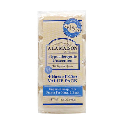A LA MAISON Hypoallergenic Unscented Bar Soap - Triple French Milled Natural Moisturizing Hand Soap Bar (4 Bars, 3.5 oz Each) Avelisse