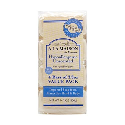 A LA MAISON Hypoallergenic Unscented Bar Soap - Triple French Milled Natural Moisturizing Hand Soap Bar (4 Bars, 3.5 oz Each) Avelisse