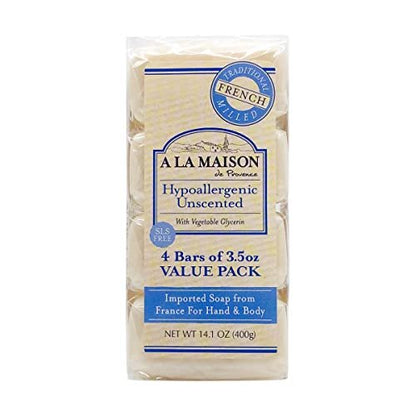 A LA MAISON Hypoallergenic Unscented Bar Soap - Triple French Milled Natural Moisturizing Hand Soap Bar (4 Bars, 3.5 oz Each) Avelisse