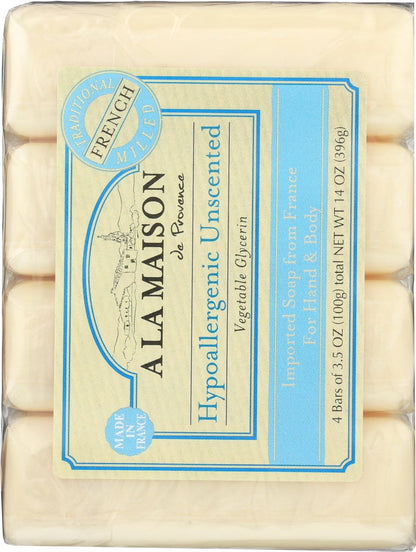 A LA MAISON Hypoallergenic Unscented Bar Soap - Triple French Milled Natural Moisturizing Hand Soap Bar (4 Bars, 3.5 oz Each) Avelisse