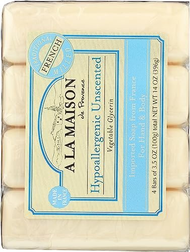 A LA MAISON Hypoallergenic Unscented Bar Soap - Triple French Milled Natural Moisturizing Hand Soap Bar (4 Bars, 3.5 oz Each) Avelisse