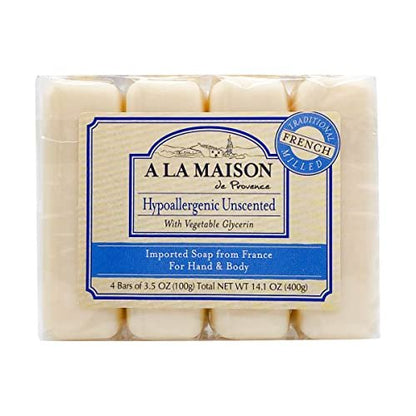 A LA MAISON Hypoallergenic Unscented Bar Soap - Triple French Milled Natural Moisturizing Hand Soap Bar (4 Bars, 3.5 oz Each) Avelisse