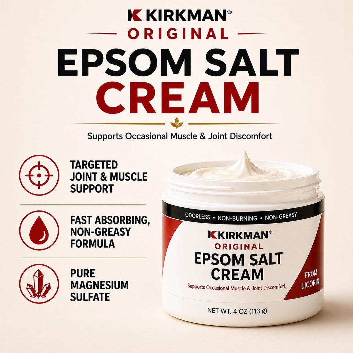 Kirkman Epsom Salt Cream – 4 oz – Gluten Free & Casein Free – Soothing Magnesium Topical Cream Avelisse