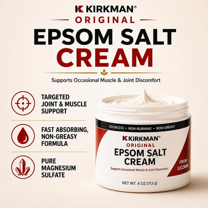 Kirkman Epsom Salt Cream – 4 oz – Gluten Free & Casein Free – Soothing Magnesium Topical Cream Avelisse