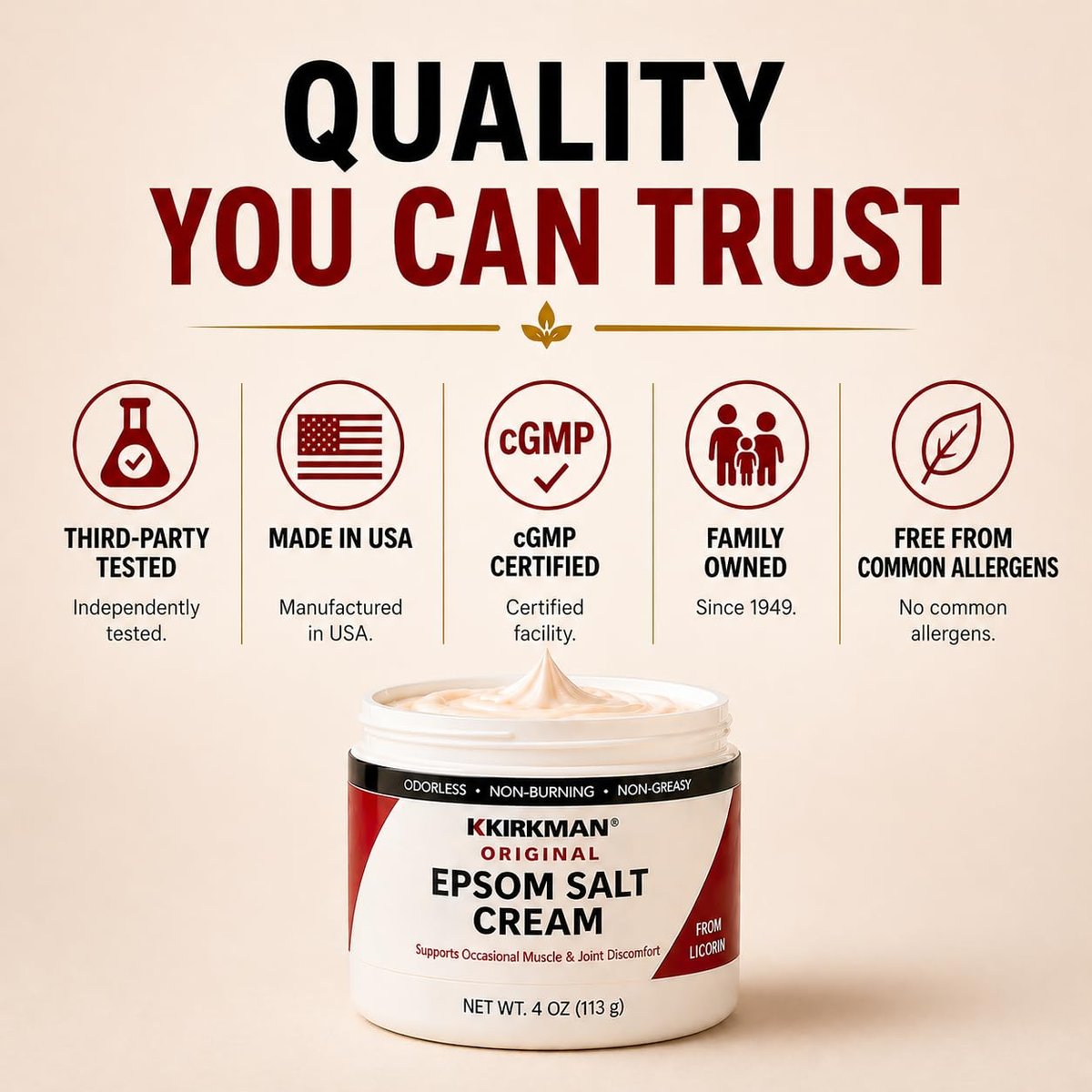 Kirkman Epsom Salt Cream – 4 oz – Gluten Free & Casein Free – Soothing Magnesium Topical Cream Avelisse