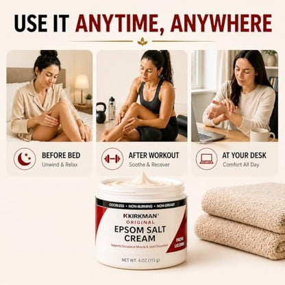 Kirkman Epsom Salt Cream – 4 oz – Gluten Free & Casein Free – Soothing Magnesium Topical Cream Avelisse