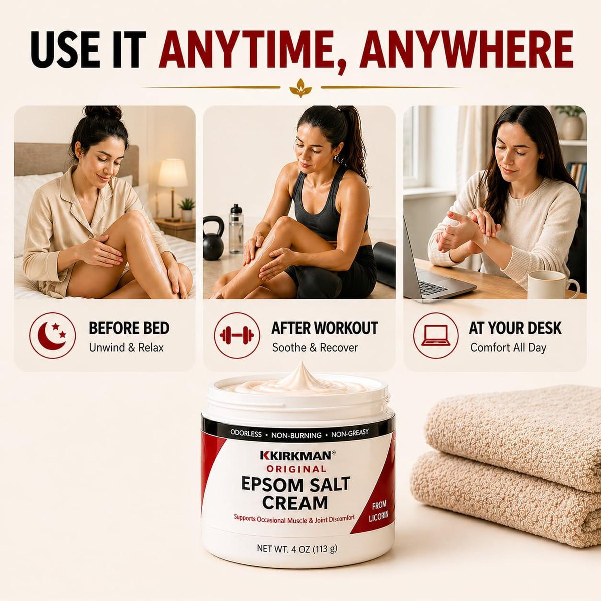 Kirkman Epsom Salt Cream – 4 oz – Gluten Free & Casein Free – Soothing Magnesium Topical Cream Avelisse