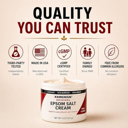 Kirkman Epsom Salt Cream – 4 oz – Gluten Free & Casein Free – Soothing Magnesium Topical Cream Avelisse