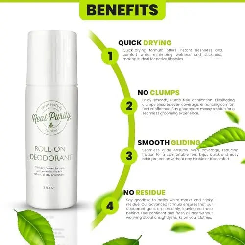 Real Purity Roll-On Natural Deodorant – Aluminum-Free, Sensitive Skin Safe, 3 Fl Oz Avelisse