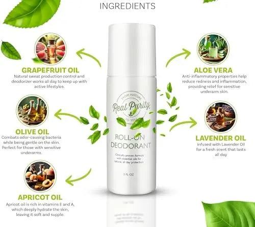 Real Purity Roll-On Natural Deodorant – Aluminum-Free, Sensitive Skin Safe, 3 Fl Oz Avelisse