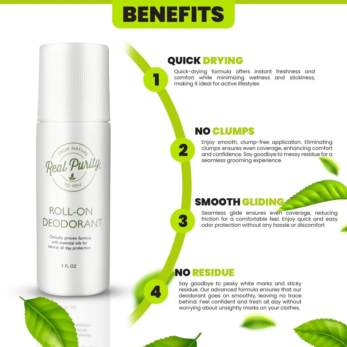 Real Purity Roll-On Natural Deodorant – Aluminum-Free, Sensitive Skin Safe, 3 Fl Oz Avelisse