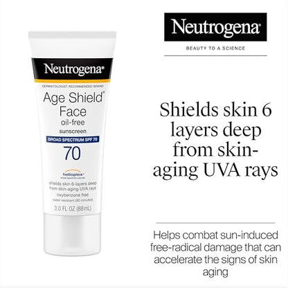 Neutrogena Age Shield Face Oil-Free Sunscreen Lotion with Broad Spectrum SPF 70, Non-Comedogenic Moisturizing Sunscreen to Help Prevent Signs of Aging, PABA-Free, 3 fl. oz.