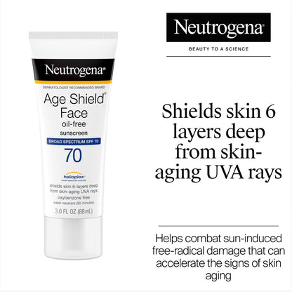 Neutrogena Age Shield Face Oil-Free Sunscreen Lotion with Broad Spectrum SPF 70, Non-Comedogenic Moisturizing Sunscreen to Help Prevent Signs of Aging, PABA-Free, 3 fl. oz.