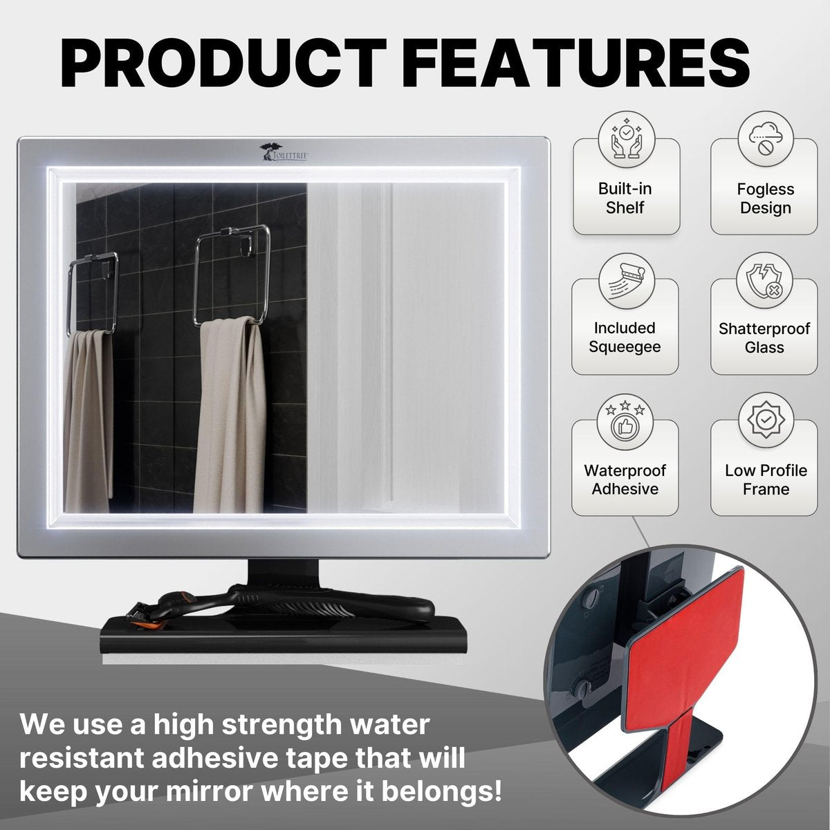 ToiletTree Products Deluxe LED Fogless Shower Mirror with Squeegee - Anti-Fog Shaving Mirror, Rust-Proof & Impact-Resistant Acrylic, Adjustable, Grey Avelisse