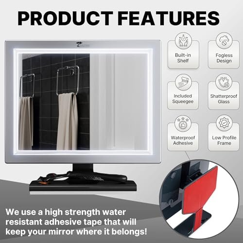 ToiletTree Products Deluxe LED Fogless Shower Mirror with Squeegee - Anti-Fog Shaving Mirror, Rust-Proof & Impact-Resistant Acrylic, Adjustable, Grey Avelisse