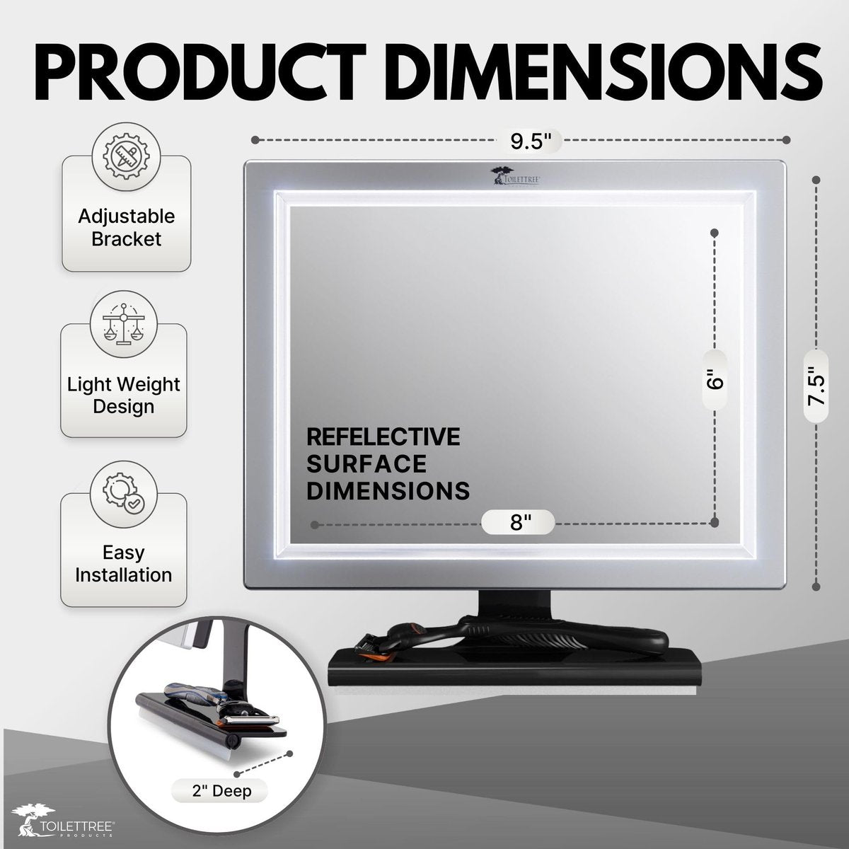 ToiletTree Products Deluxe LED Fogless Shower Mirror with Squeegee - Anti-Fog Shaving Mirror, Rust-Proof & Impact-Resistant Acrylic, Adjustable, Grey Avelisse