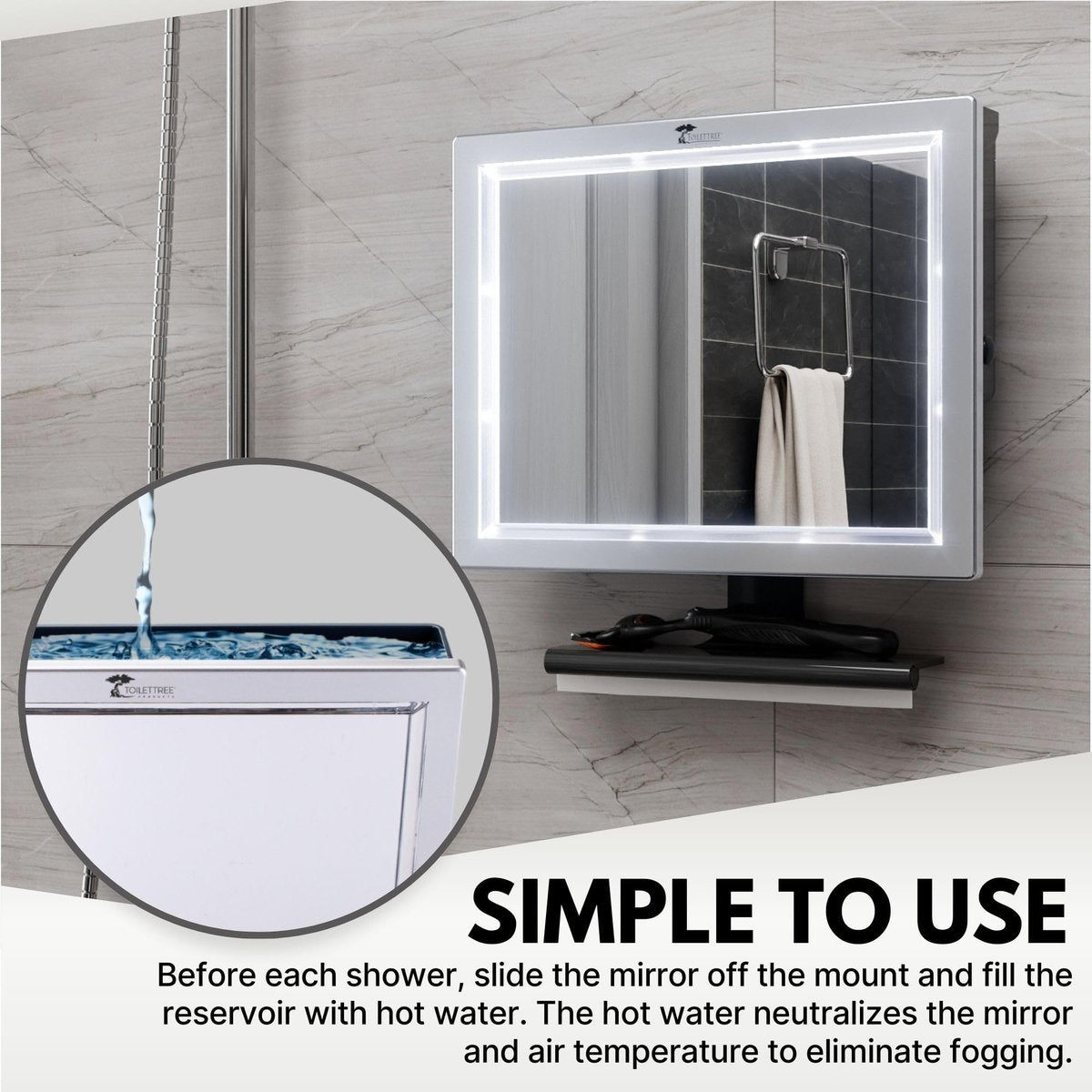 ToiletTree Products Deluxe LED Fogless Shower Mirror with Squeegee - Anti-Fog Shaving Mirror, Rust-Proof & Impact-Resistant Acrylic, Adjustable, Grey Avelisse