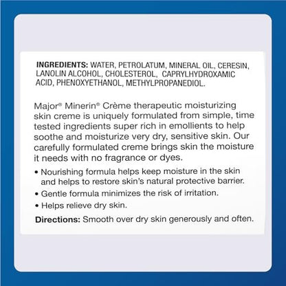 MAJOR Therapeutic Moisturizing Minerin Créme - Fragrance-Free Body Cream for Dry Skin - 16 oz
