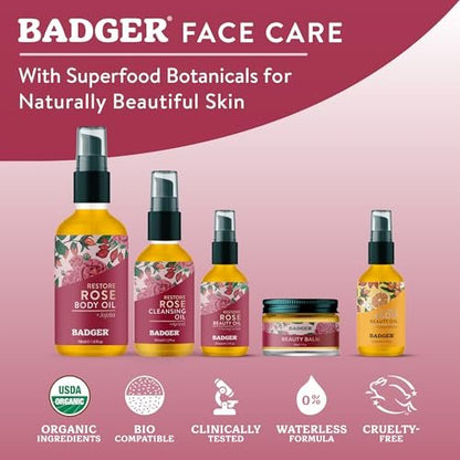 Badger Rose Beauty Balm - 100% Organic Nourishing Face Moisturizer for Women & Men, Intensive Long Lasting Treatment with Pure Rose Essential Oil, 1 oz Glass Jar Avelisse