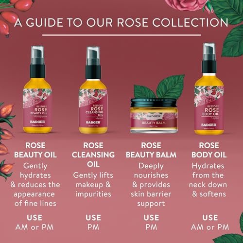 Badger Rose Beauty Balm - 100% Organic Nourishing Face Moisturizer for Women & Men, Intensive Long Lasting Treatment with Pure Rose Essential Oil, 1 oz Glass Jar Avelisse
